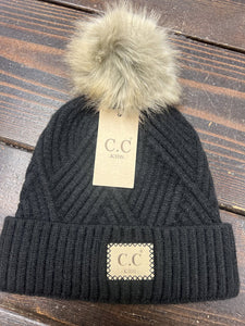 C.C Kids Criss-Cross Faux Fur Pom Stocking Hat - Black