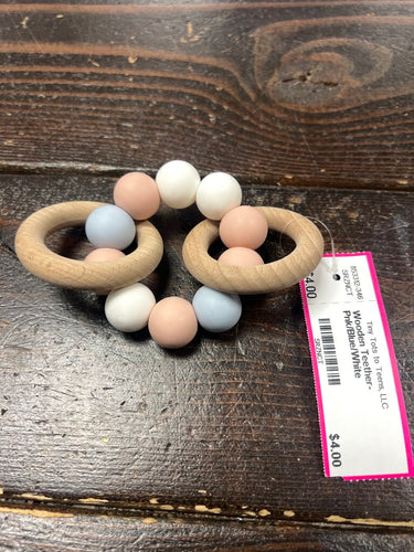 Wooden Teether- Pnk/Blue/White